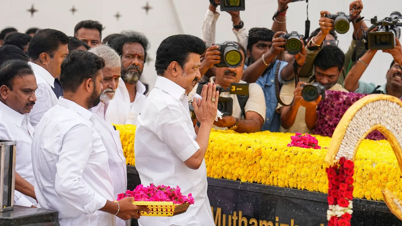 Tamil Nadu Chief Minister MK Stalin with DMK leaders pays tribute to former state chief minister M Karunanidhi on his birth anniversary at his memorial, at Marina Beach, in Chennai, Monday, June 3, 2024