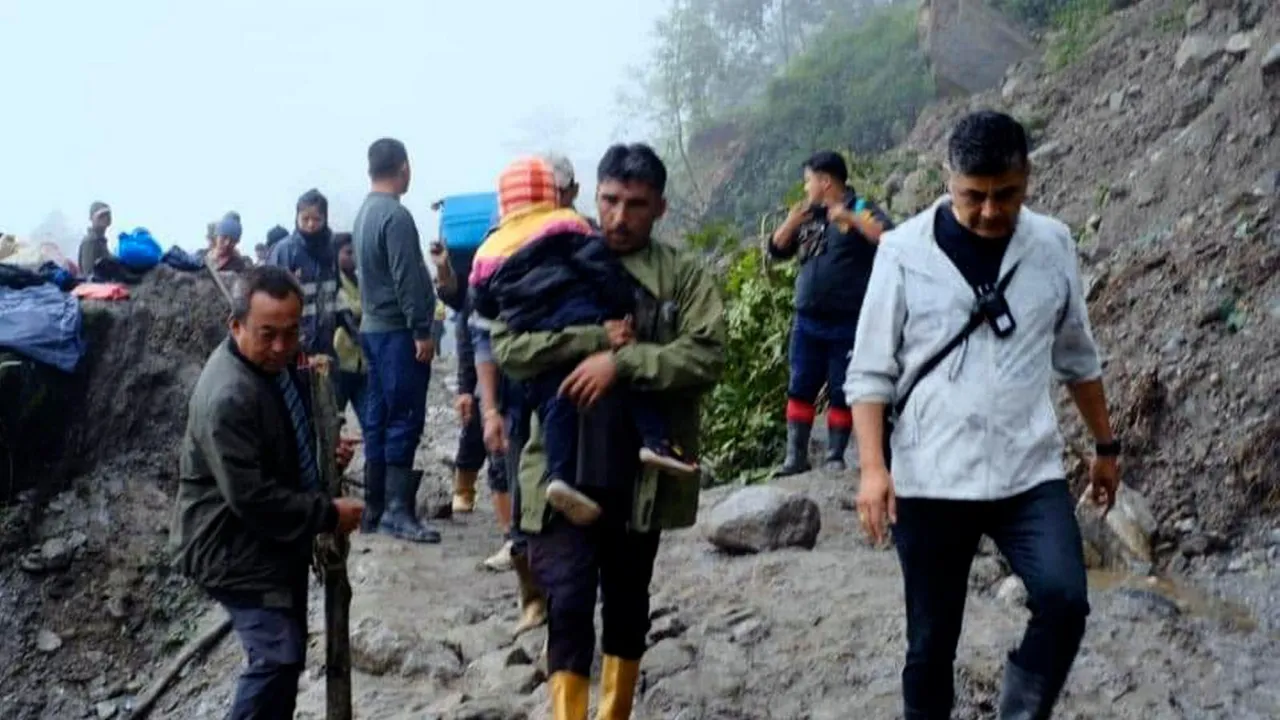 Stranded tourists being evacuated in rain-hit Sikkim's Chungthang in Mangan district, Tuesday, June 18, 2024.