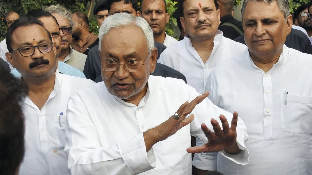 Nitish Kumar speaks with the media regarding the caste-based census report, in Patna, Monday, Oct. 2, 2023.