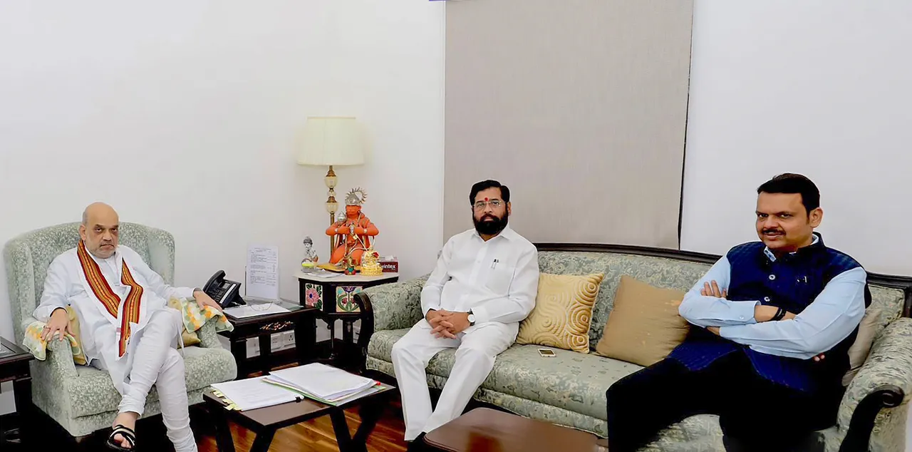 Union Home Minister Amit Shah with Maharashtra Chief Minister Eknath Shinde and Deputy Chief Minister Devendra Fadnavis during a meeting, in New Delhi