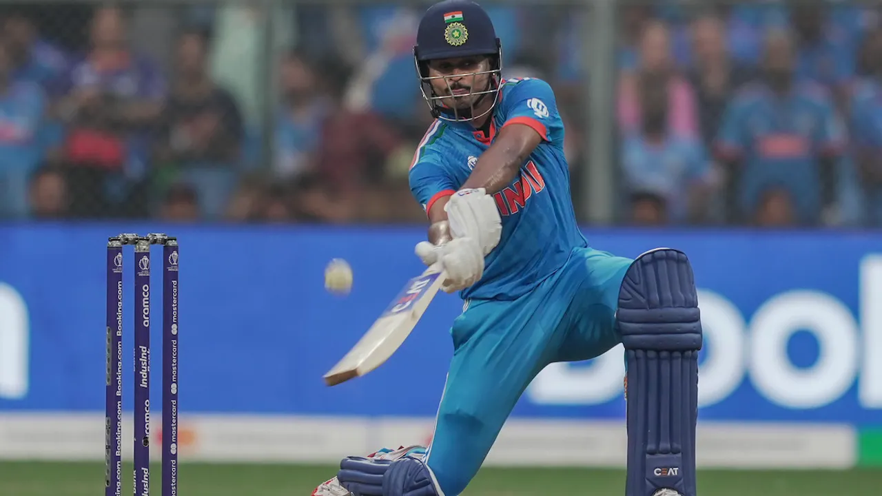 Shreyas Iyer plays a shot during the ICC Men's Cricket World Cup 2023 match between India and Sri Lanka, at Wankhede Stadium, in Mumbai, Thursday, Nov. 2, 2023.