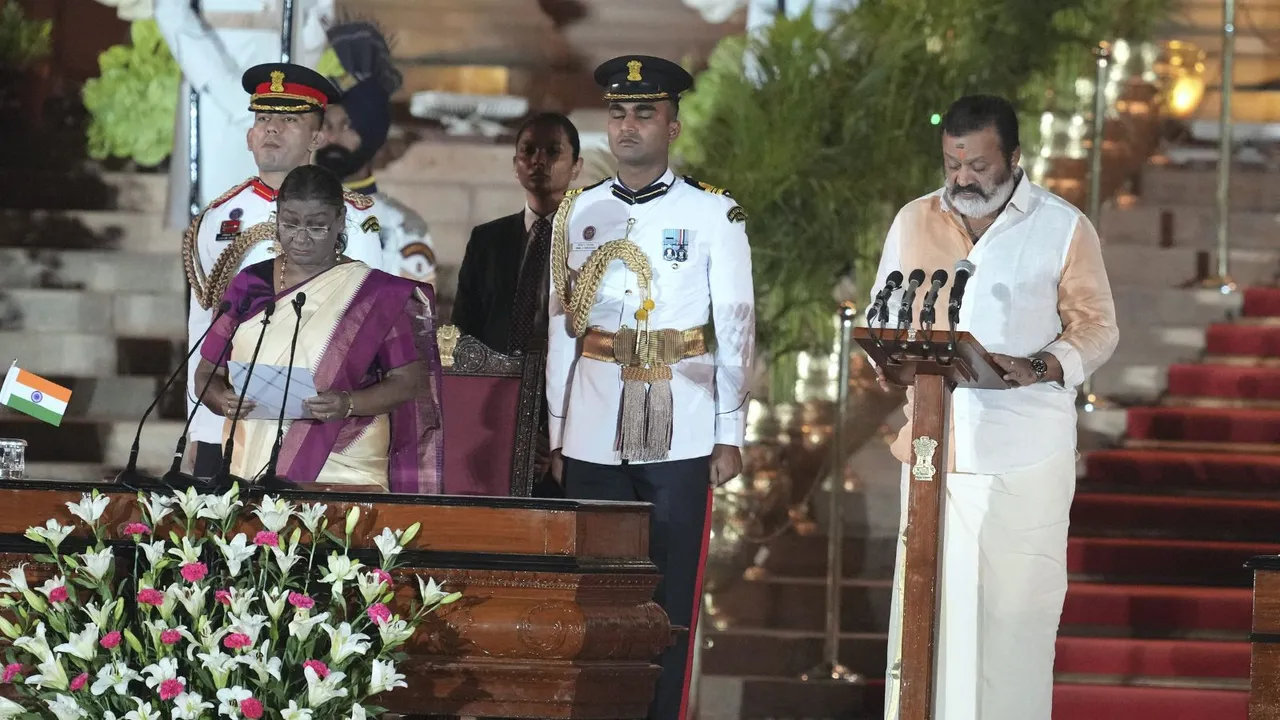 President Droupadi Murmu administers oath of office to BJP MP Suresh Gopi as minister, at the swearing-in ceremony of the new Union government at Rashtrapati Bhavan, in New Delhi, Sunday, June 9, 2024.