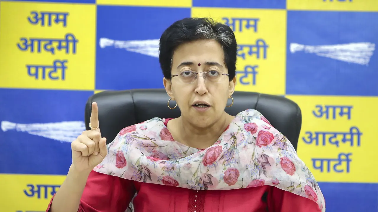 Delhi Minister and AAP leader Atishi addresses a press conference, in New Delhi