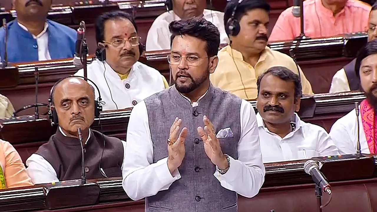 Union Minister Anurag Thakur speaks in the Rajya Sabha during the Monsoon session of Parliament