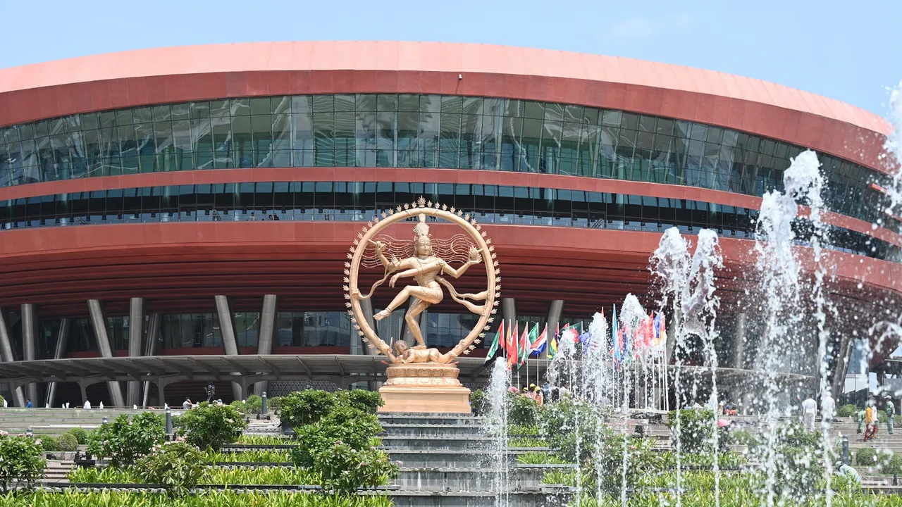 The grand Bharat Mandapam in Delhi, hosting the historic G20 Summit, showcases the awe-inspiring world's tallest Nataraja statue, standing at an impressive 28 feet, symbolising the grandeur of this monumental event on Indian soil