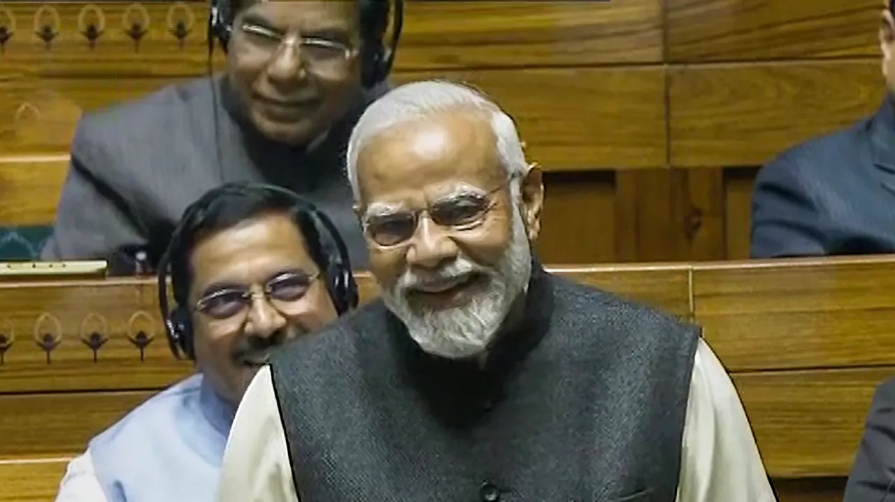 Prime Minister Narendra Modi replies to the 'Motion of Thanks' on the President's address in Lok Sabha during the Budget session of Parliament