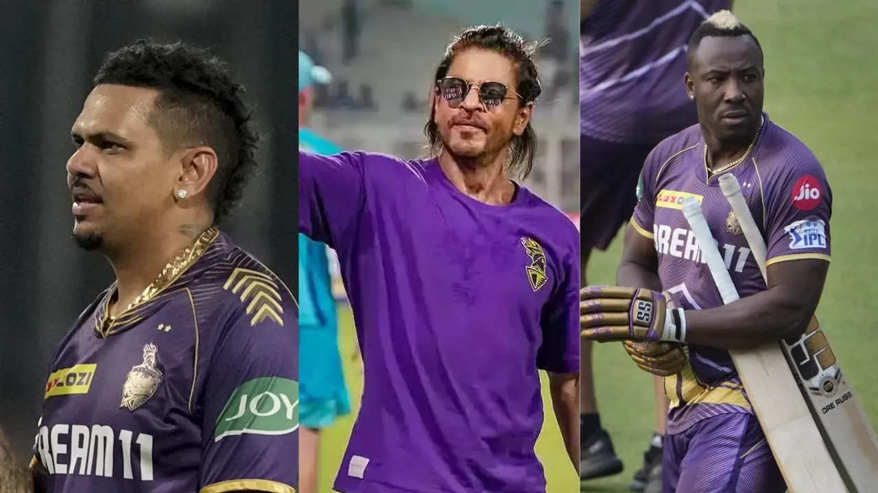 Sunil Narine, Shah Rukh Khan and Andre Russell