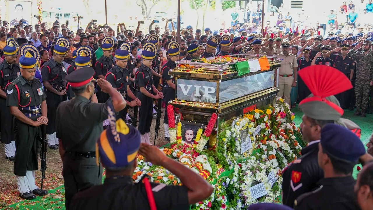 Armed forces personnel pay tribute to Captain MV Pranjal who was killed during an encounter with terrorists in Jammu and Kashmir's Rajouri, in Bengaluru