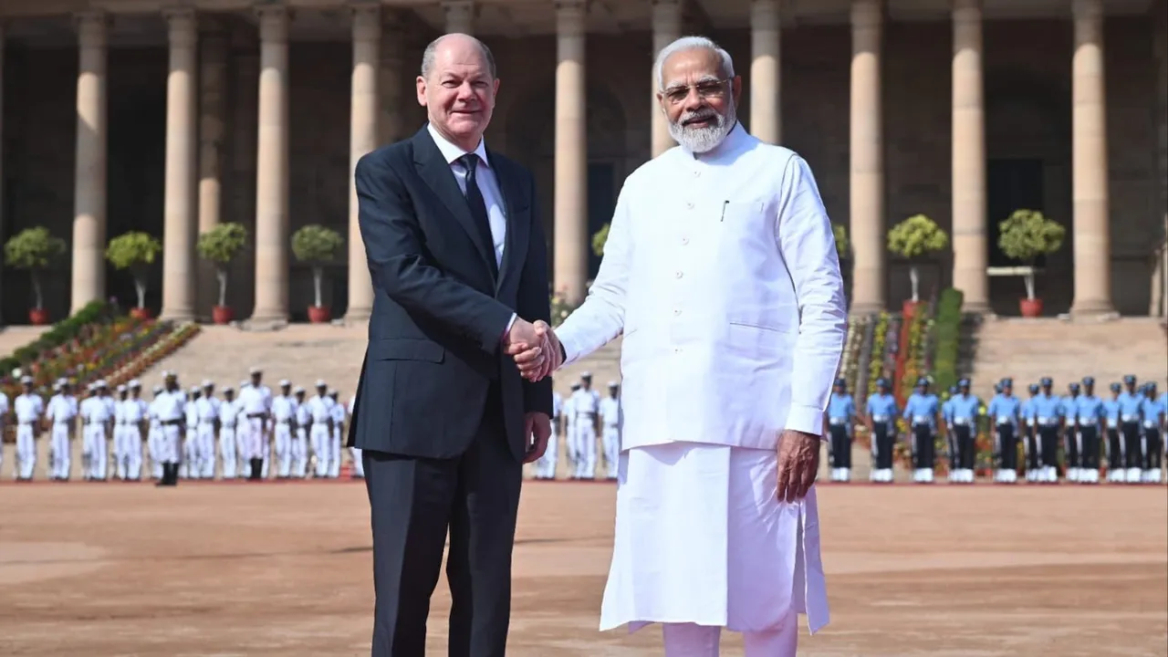 PM Narendra Modi receives German Chancellor Olaf Scholz for a ceremonial welcome at the forecourt of Rashtrapati Bhavan