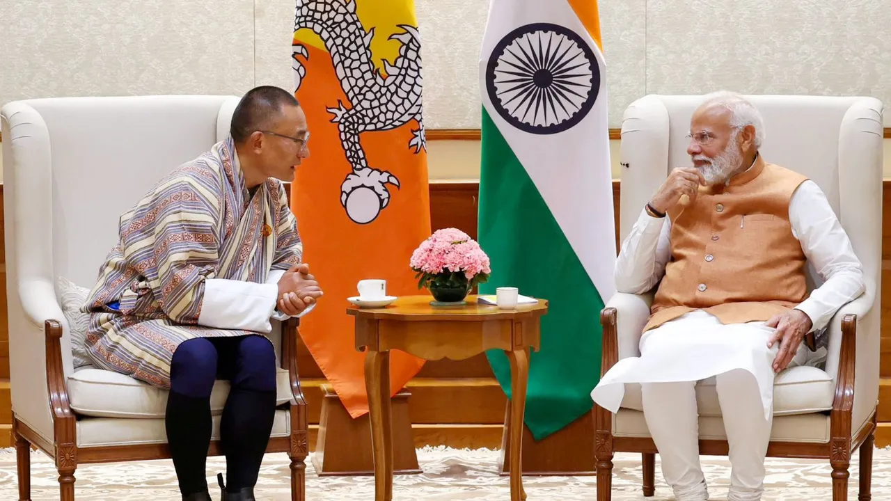 Prime Minister Narendra Modi with Prime Minister of Bhutan Dasho Tshering Tobgay during a meeting, in New Delhi