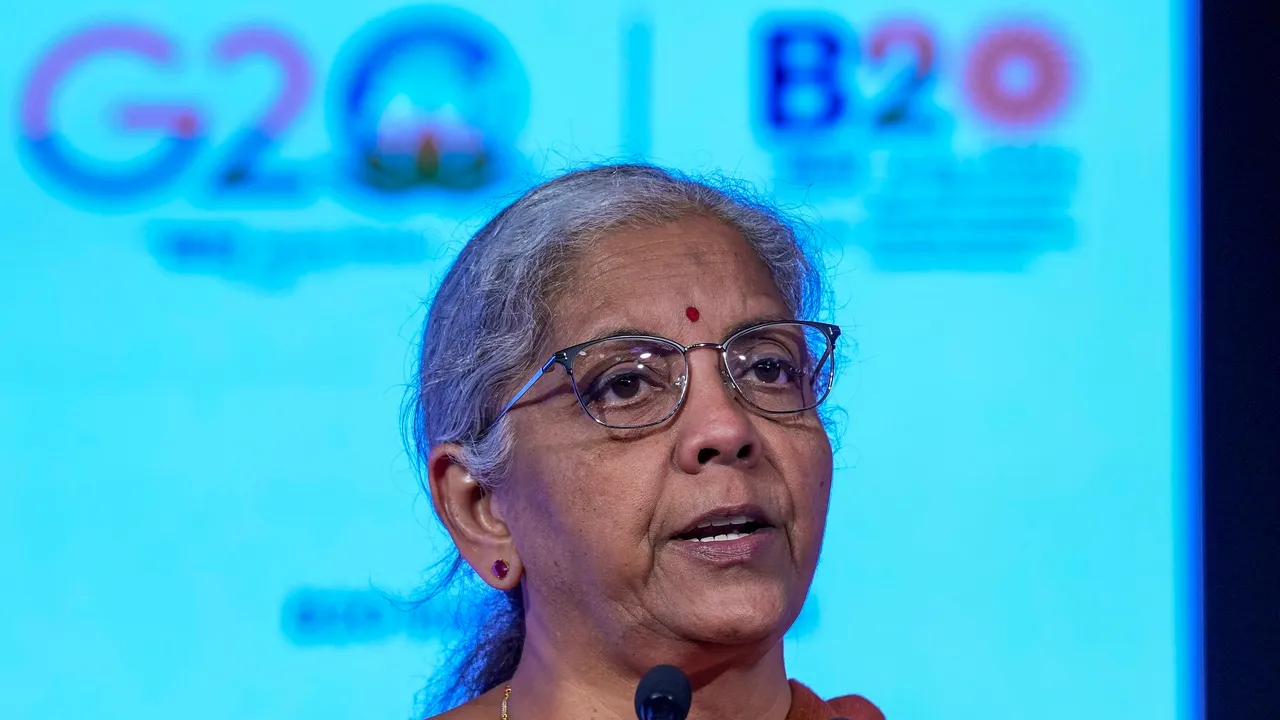 Union Finance Minister Nirmala Sitharaman addresses at a special plenary session at B20 Summit India 2023, in New Delhi
