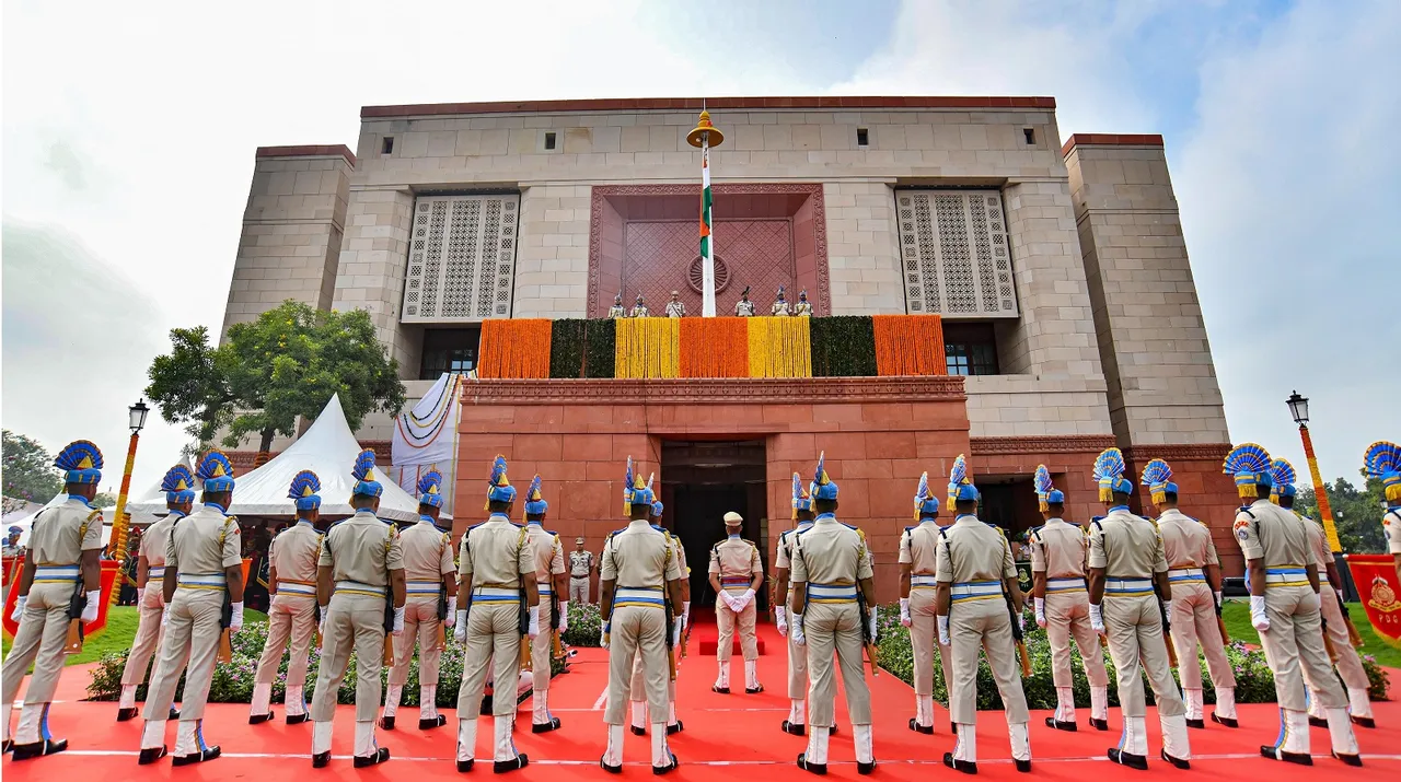Central Reserve Police Force (CRPF) personnel during the flag hoisting ceremony at new Parliament building, in New Delhi