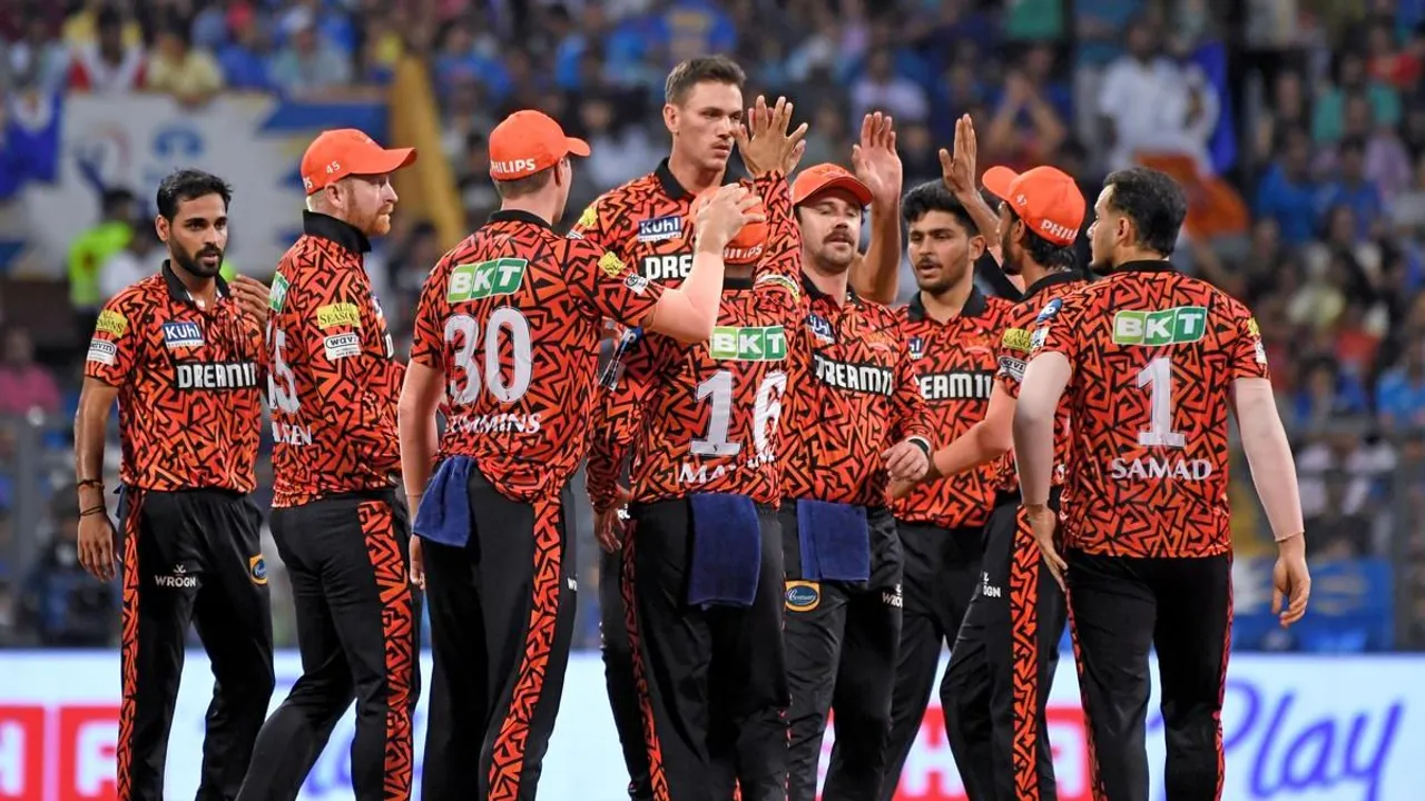 SRH's players celebrate after winning the match against RR by 1 run in the IPL 2024, Rajiv Gandhi International Stadium, in Hyderabad on Thursday
