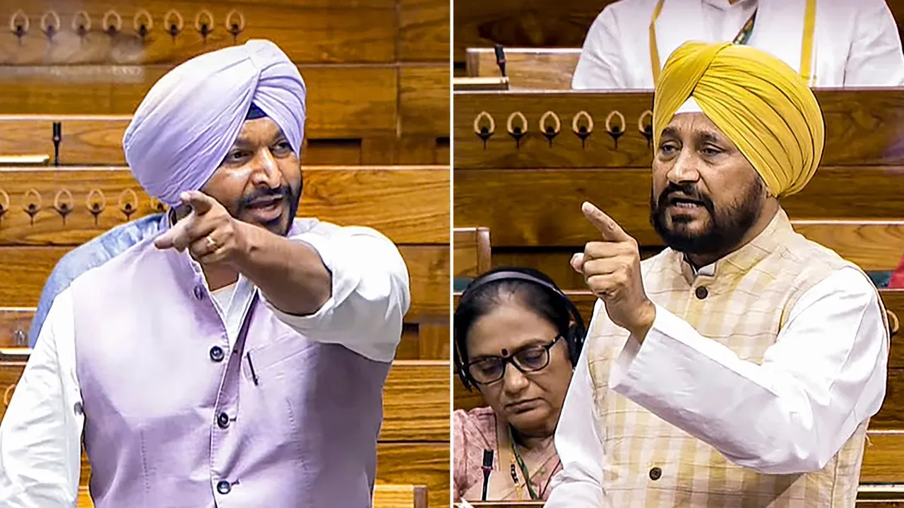 Union Minister of State and BJP MP Ravneet Singh (L) and Congress MP Charanjit Singh Channi speak in the Lok Sabha during the Monsoon session of Parliament, in New Delhi, Thursday, July 25, 2024.