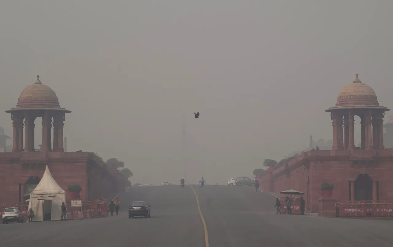 Raisina Hills area during a cold and foggy winter morning, in New Delhi