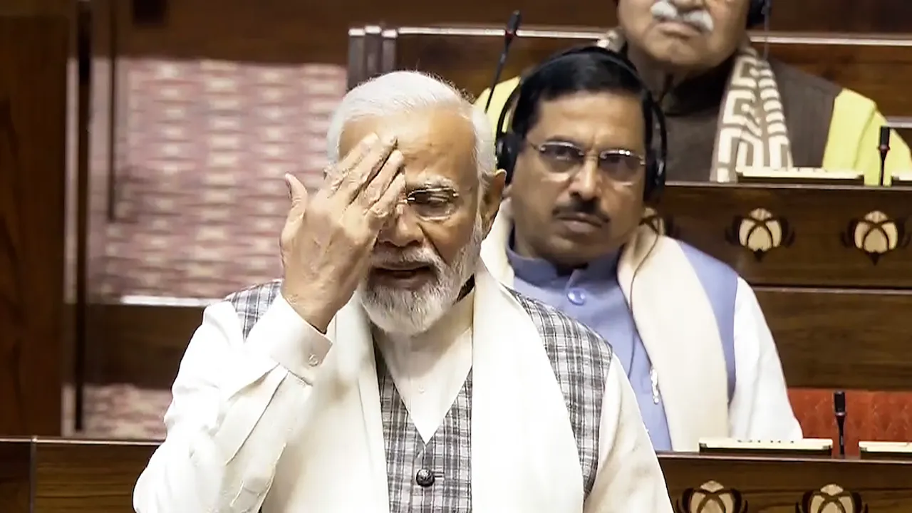 Narendra Modi speaks in the Rajya Sabha during the Budget session of Parliament, in New Delhi, Wednesday, Feb. 7, 2024.