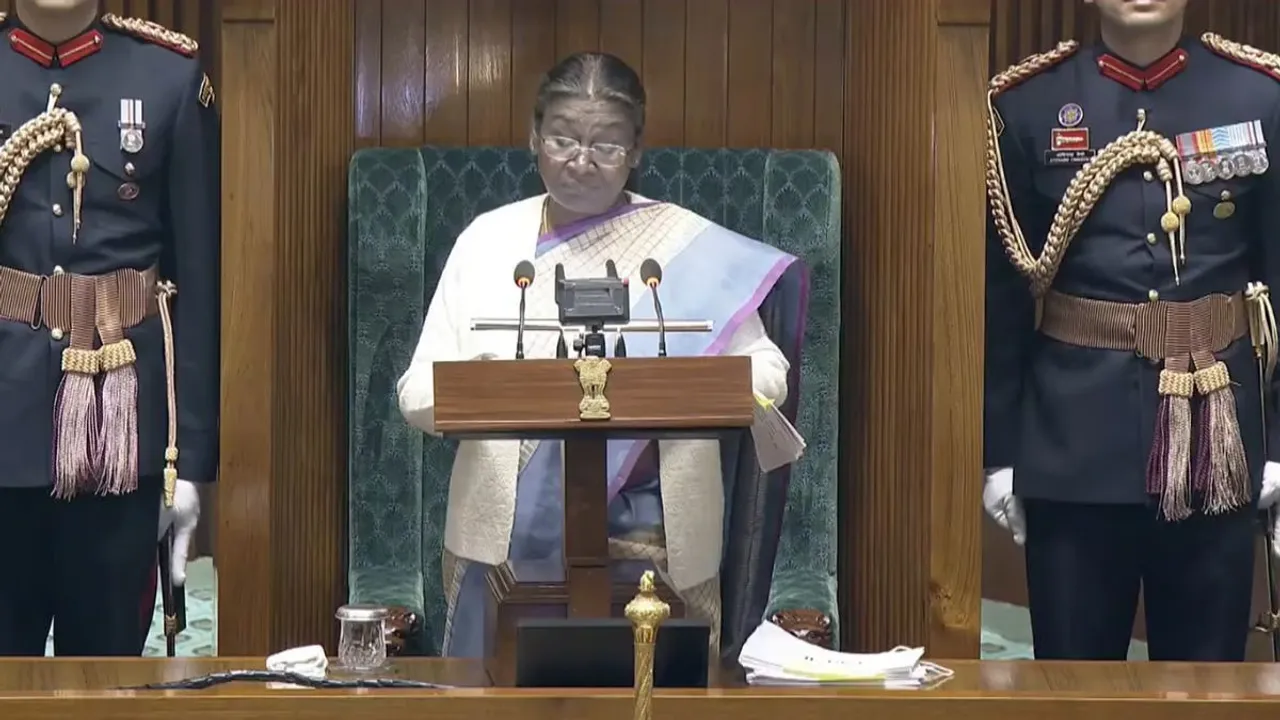 President Droupadi Murmu addresses the joint session of Parliament on the opening day of the Budget session, in New Delhi