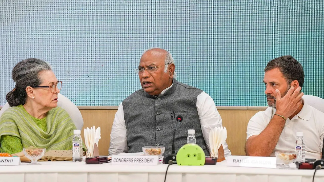 Congress President Mallikarjun Kharge with the party leader Sonia Gandhi and Rahul Gandhi during the ‘Congress Working Committee (CWC) Meeting’ at AICC headquarters, in New Delhi