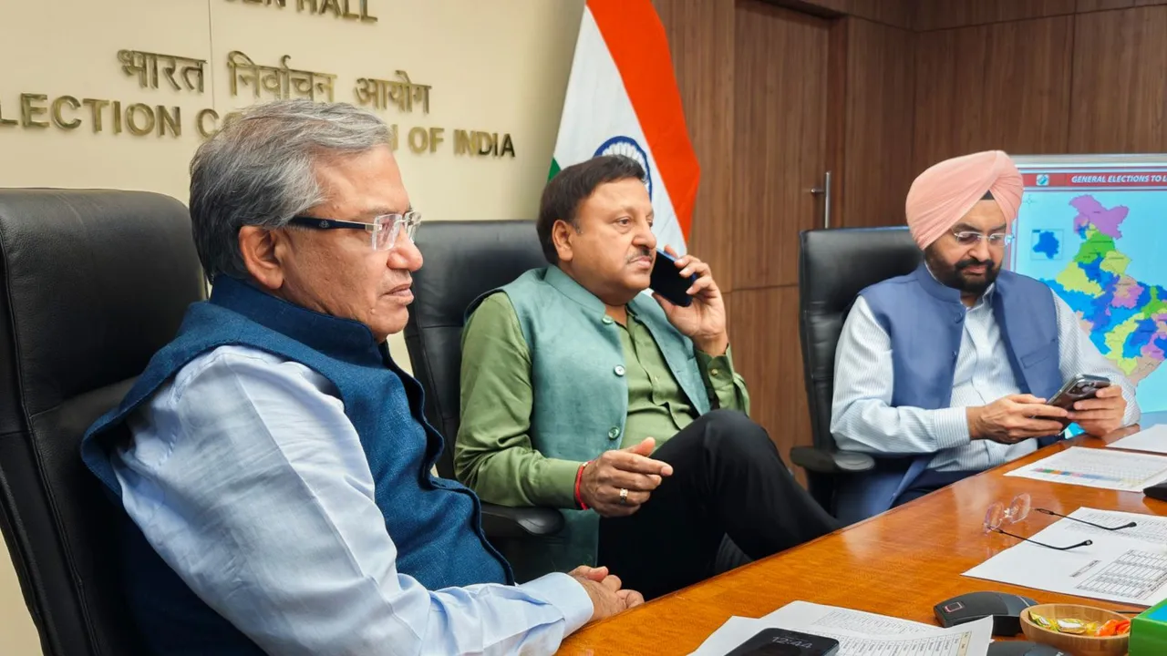 Chief Election Commissioner (CEC) of India Rajiv Kumar with Election Commissioners Gyanesh Kumar and Sukhbir Singh Sandhu monitors the progress of polling during the first phase of Lok Sabha elections, at ECI headquarters, Nirvachan Sadan, in New Delhi
