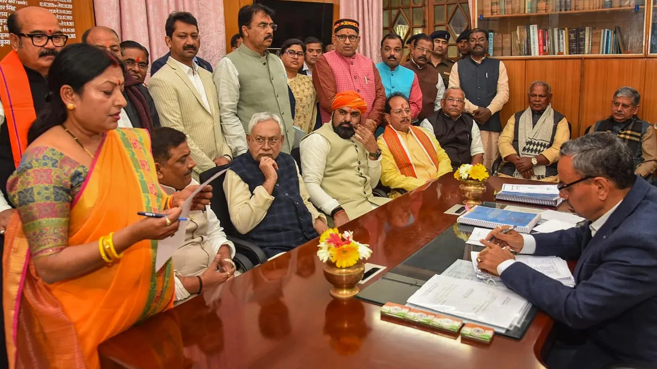 BJP candidate Daramshila Gupta files her nomination papers for the Rajya Sabha elections in the presence of Bihar Chief Minister Nitish Kumar, Deputy Chief Ministers Vijay Kumar Sinha and Samrat Chaudhary at the Bihar Assembly, in Patna