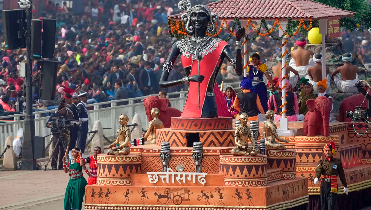 Chhattisgarh tableau on display during the full dress rehearsal for the Republic Day Parade 2024 at the Kartavya Path, in New Delhi, Tuesday, Jan. 23, 2024