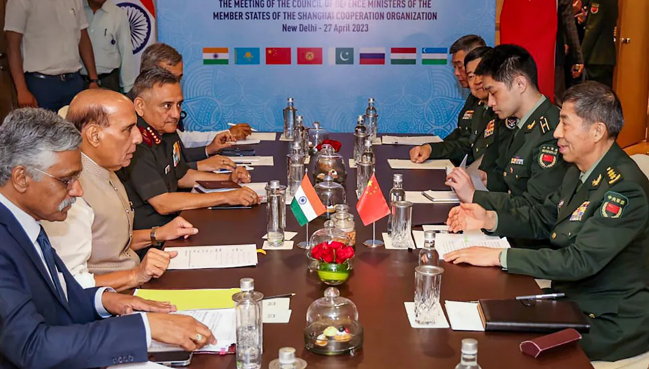 Defence Minister Rajnath Singh with his Chinese counterpart Li Shangfu during a bilateral meeting, in New Delhi