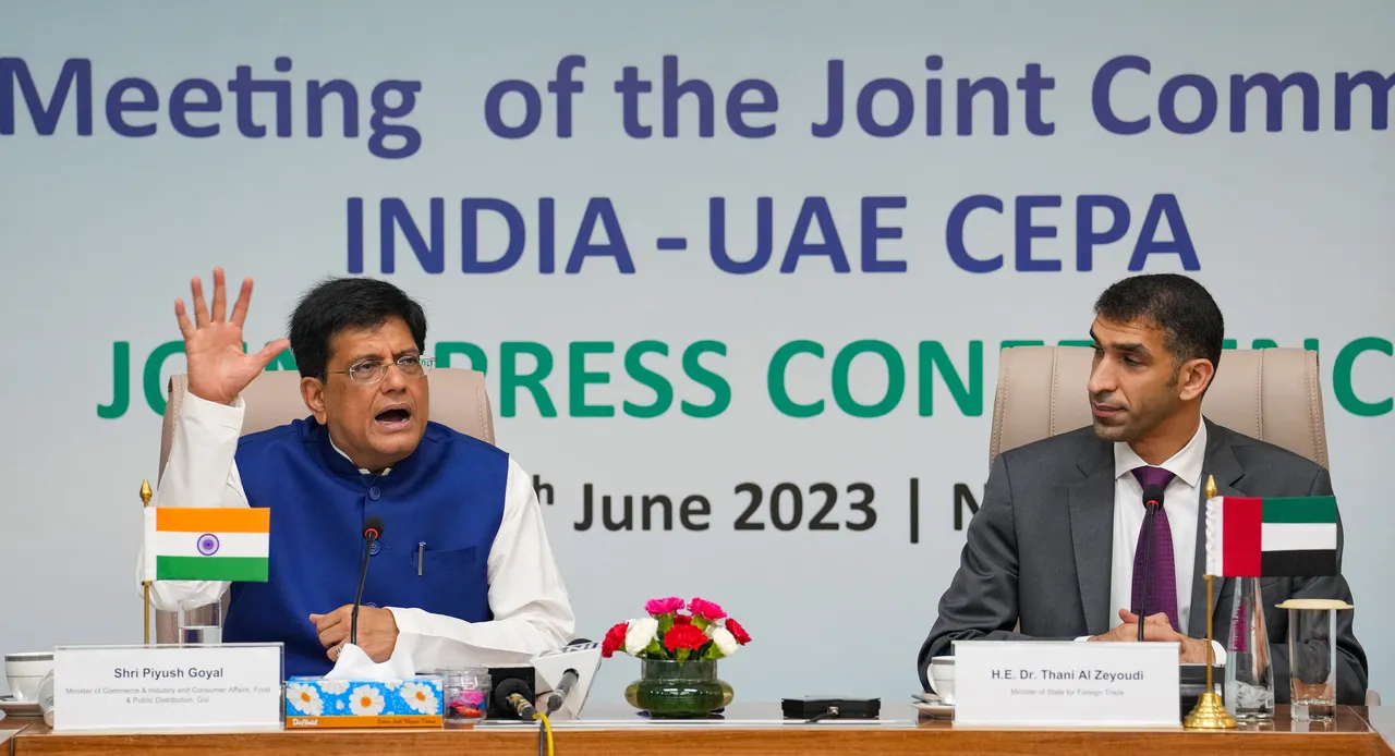  Union Commerce and Industry Minister Piyush Goyal and UAE Foreign Trade Minister Thani bin Ahmed Al Zeyoudi during their joint press conference at Vigyan Bhawan, in New Delhi