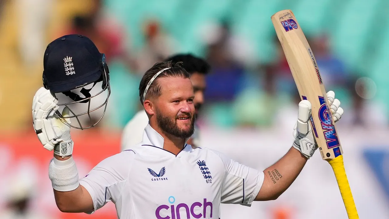England's Ben Duckett celebrates his century on the second day of the third test cricket match between India and England