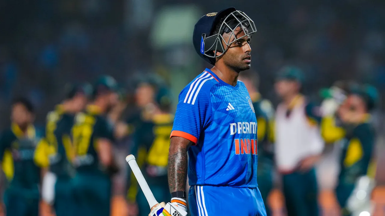 Suryakumar Yadav walks towards the pavilion after being dismissed by Australia's Jason Behrendorff during the first T20 International cricket match of a T20I series between India and Australia, at the Dr. Y. S. Rajashekar Reddy ACA–VDCA International Cricket Stadium, in Visakhapatnam, Thursday, Nov. 23, 2023