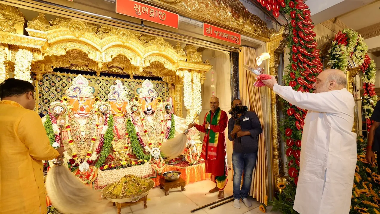 Union Home Minister Amit Shah offers prayers at the Jagannath Temple on 'Rath Yatra' festival, in Ahmedabad, Sunday, July 7, 2024.