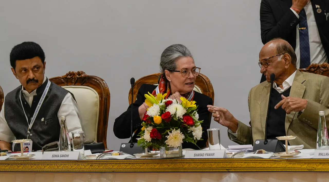 Congress leader Sonia Gandhi with Tamil Nadu CM and DMK chief MK Stalin and NCP chief Sharad Pawar during INDIA bloc meeting, in New Delhi