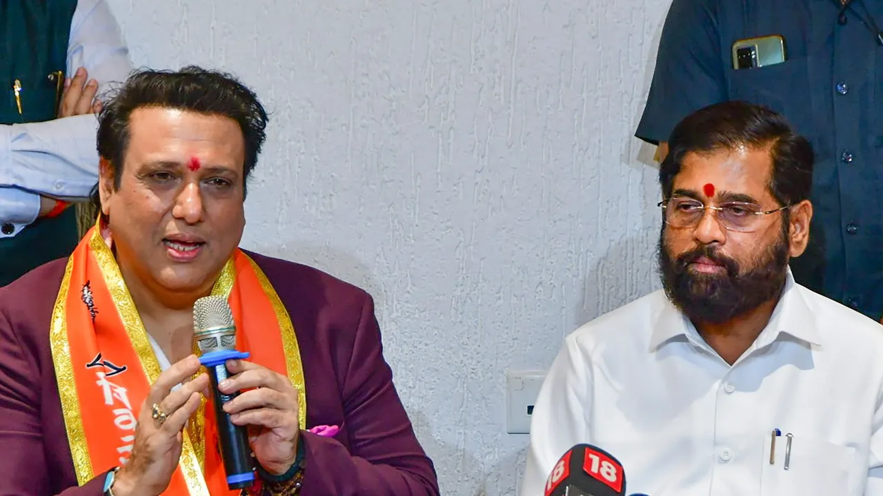 Maharashtra Chief Minister Eknath Shinde and actor Govinda address a press conference after the latter joined Shiv Sena (Shinde faction), in Mumbai, Thursday, March 28, 2024