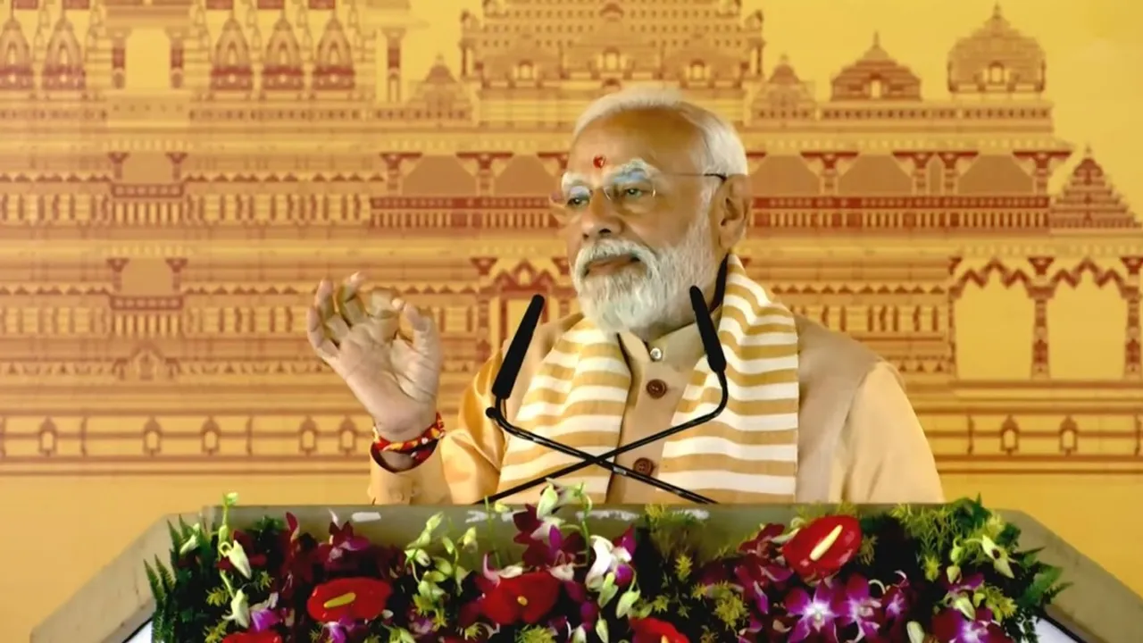 Prime Minister Narendra Modi addressing a gathering after laying the foundation stone of the Shri Kalki Dham temple here in Uttar Pradesh