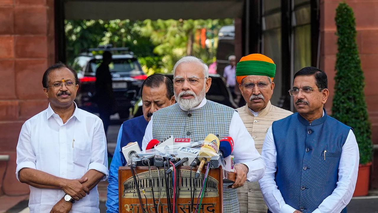 Prime Minister Narendra Modi addresses the media on the first day of the Special session of Parliament, in New Delhi,