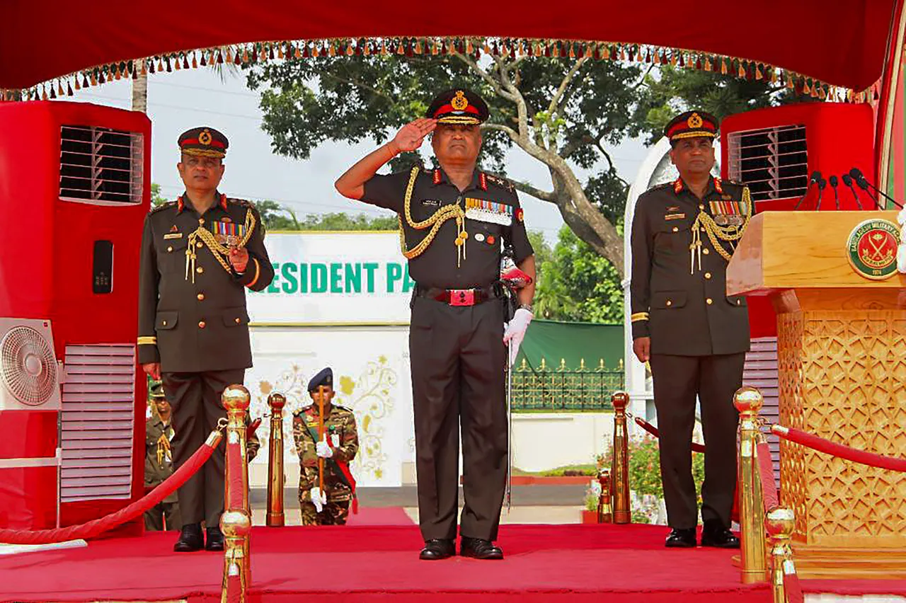Chief of Army Staff General Manoj Pande salutes during the Passing Out Parade, at Bangladesh Military Academy in Bhatiari, Bangladesh