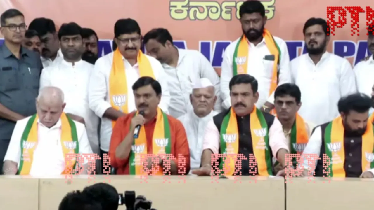 G Janardhana Reddy merges his Karnataka Rajya Pragathi Party with the BJP at the party's state office in Bengaluru.