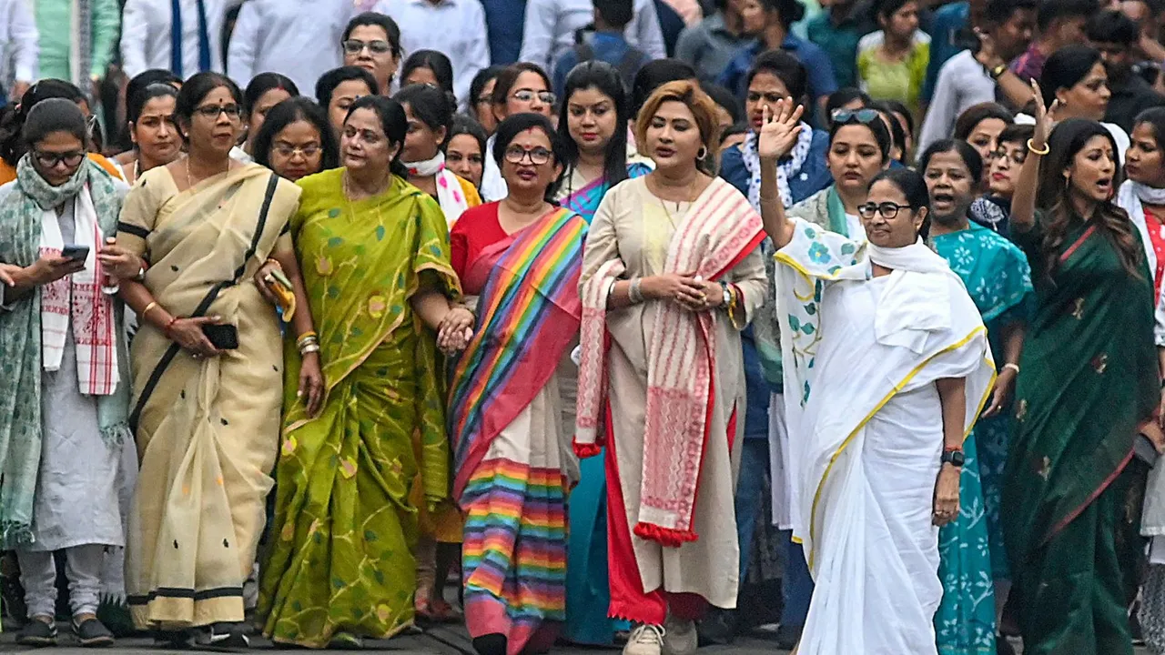 West Bengal Chief Minister and Trinamool Congress supremo Mamata Banerjee participates in a rally on the eve of International Women's Day, in Kolkata