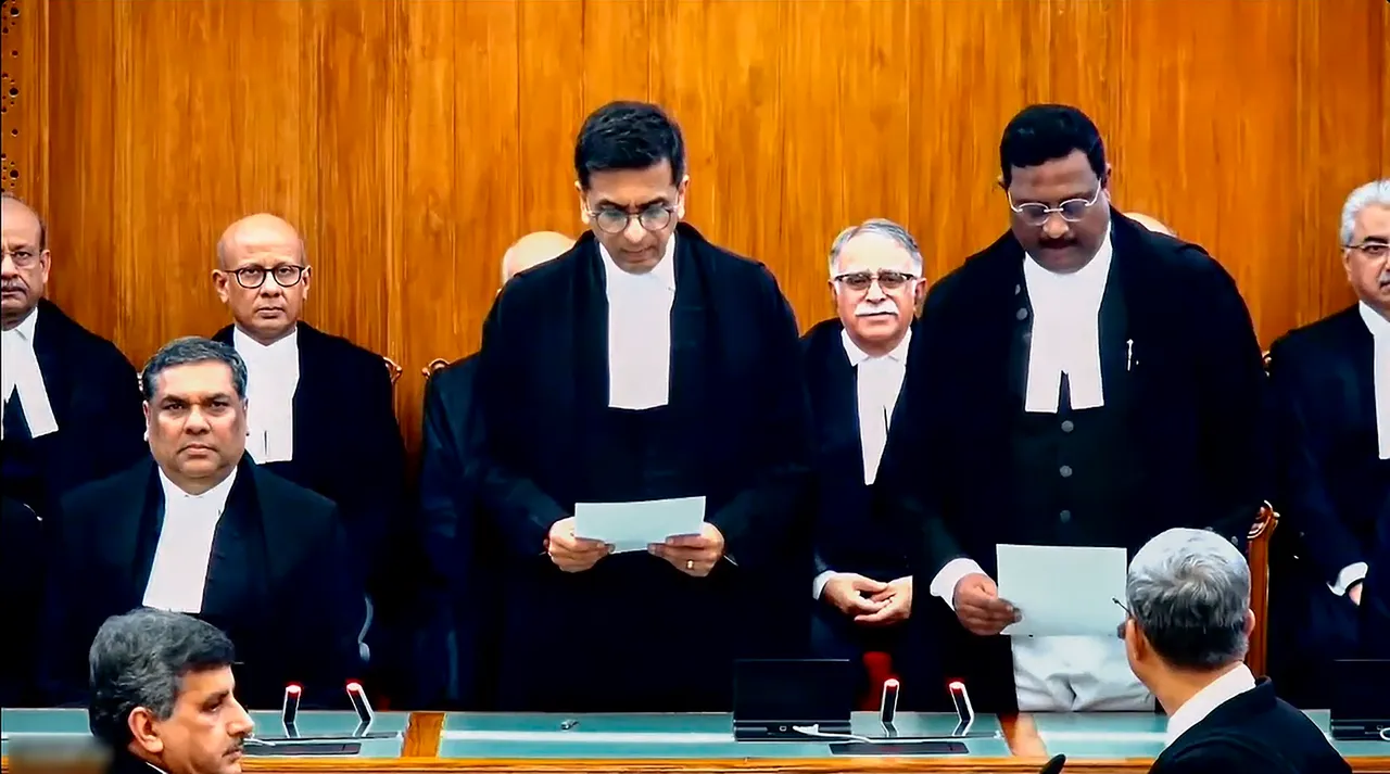 Chief Justice of India (CJI) Justice D.Y. Chandrachud administers the oath of office to Justice Prasanna B. Varale as a judge of the Supreme Court