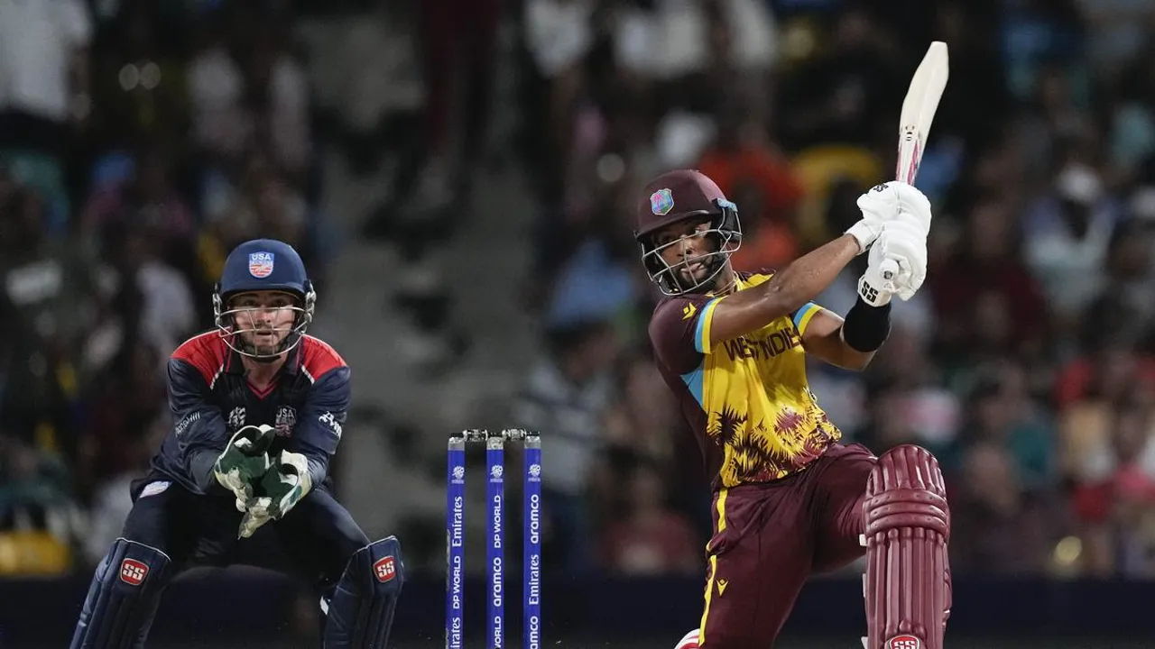 West Indies’ Shai Hope hits a six during the men’s T20 World Cup cricket match between the USA and the West Indies at Kensington Oval, Bridgetown, Barbados, Friday, June 21, 2024