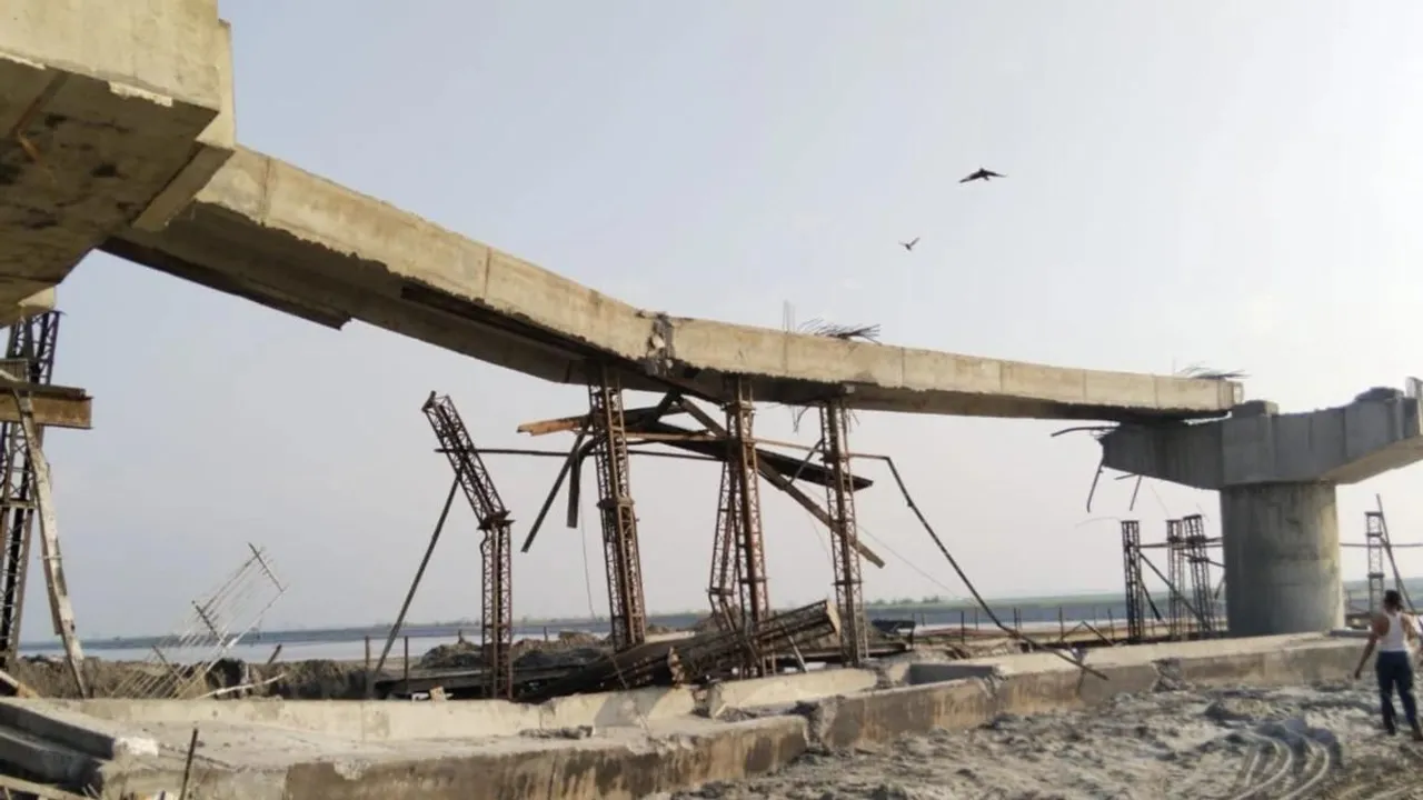 A view of a portion of an under-construction bridge that collapsed in Uttar Pradesh's Bulandshahr