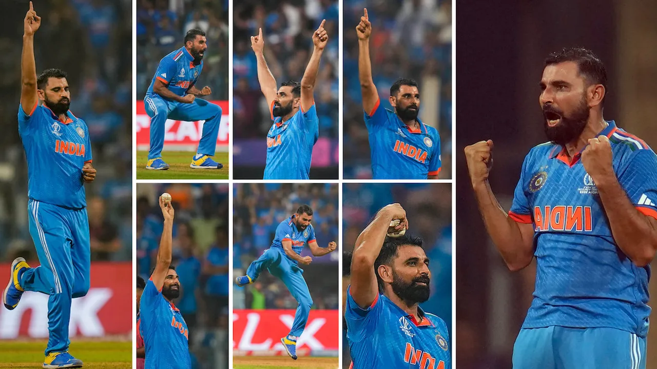 A combination of photos shows India's bowler Mohammed Shami celebrating the dismissal of New Zealand's batters during the first semifinal match against New Zealand, at the Wankhede Stadium in Mumbai, Wednesday, Nov. 15, 2023.