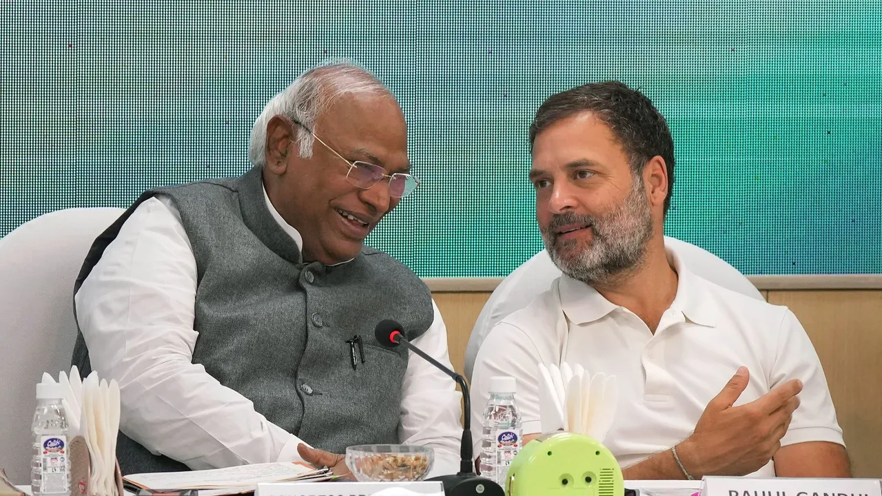 Congress President Mallikarjun Kharge with party leader Rahul Gandhi during the ‘Congress Working Committee (CWC) Meeting’ at AICC headquarters, in New Delhi