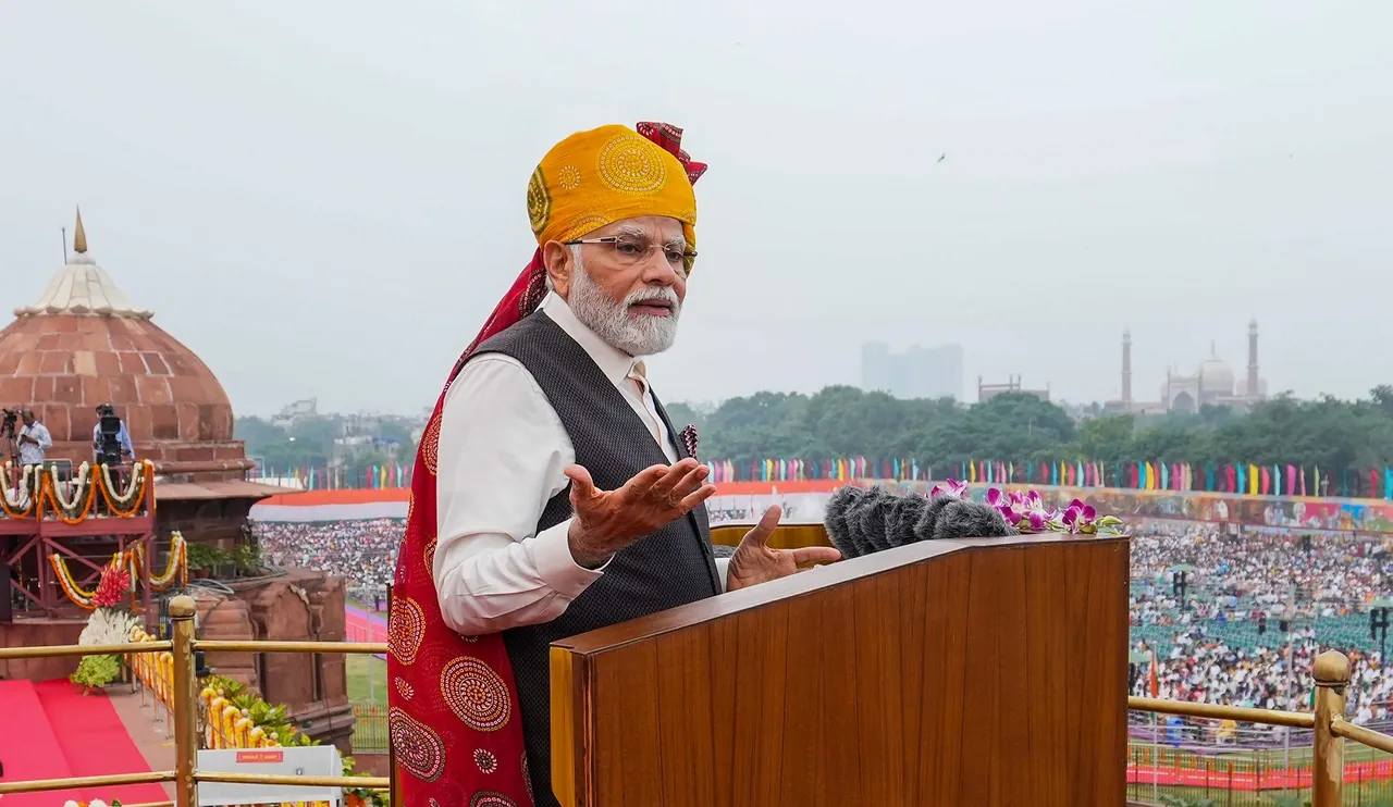Prime Minister Narendra Modi addresses the nation from the Red Fort on the occasion of the 77th Independence Day, in New Delhi, Tuesday