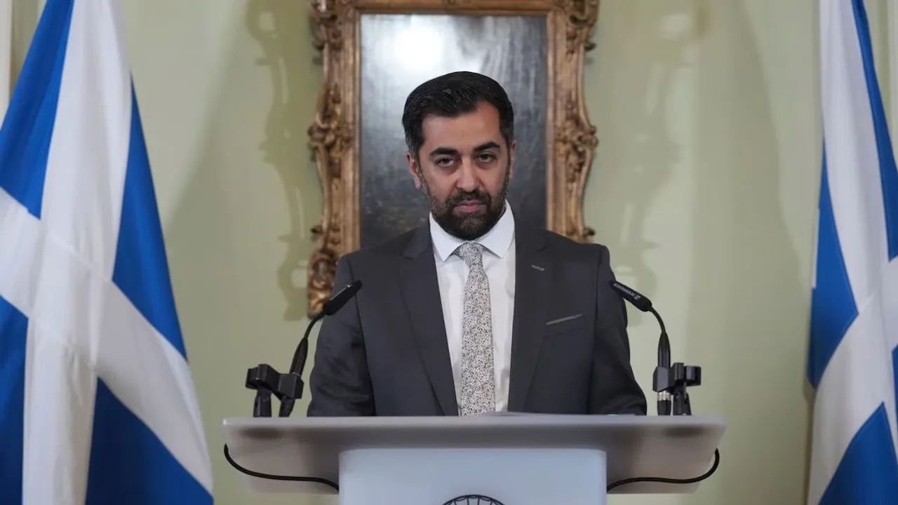Scottish First Minister Humza Yousaf holds a news conference in Edinburgh on Monday