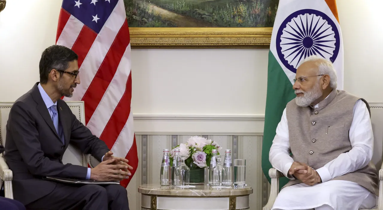 Prime Minister Narendra Modi with the CEO of Google and Alphabet Sundar Pichai during a meeting, at White House in Washington, Friday, June 23, 2023