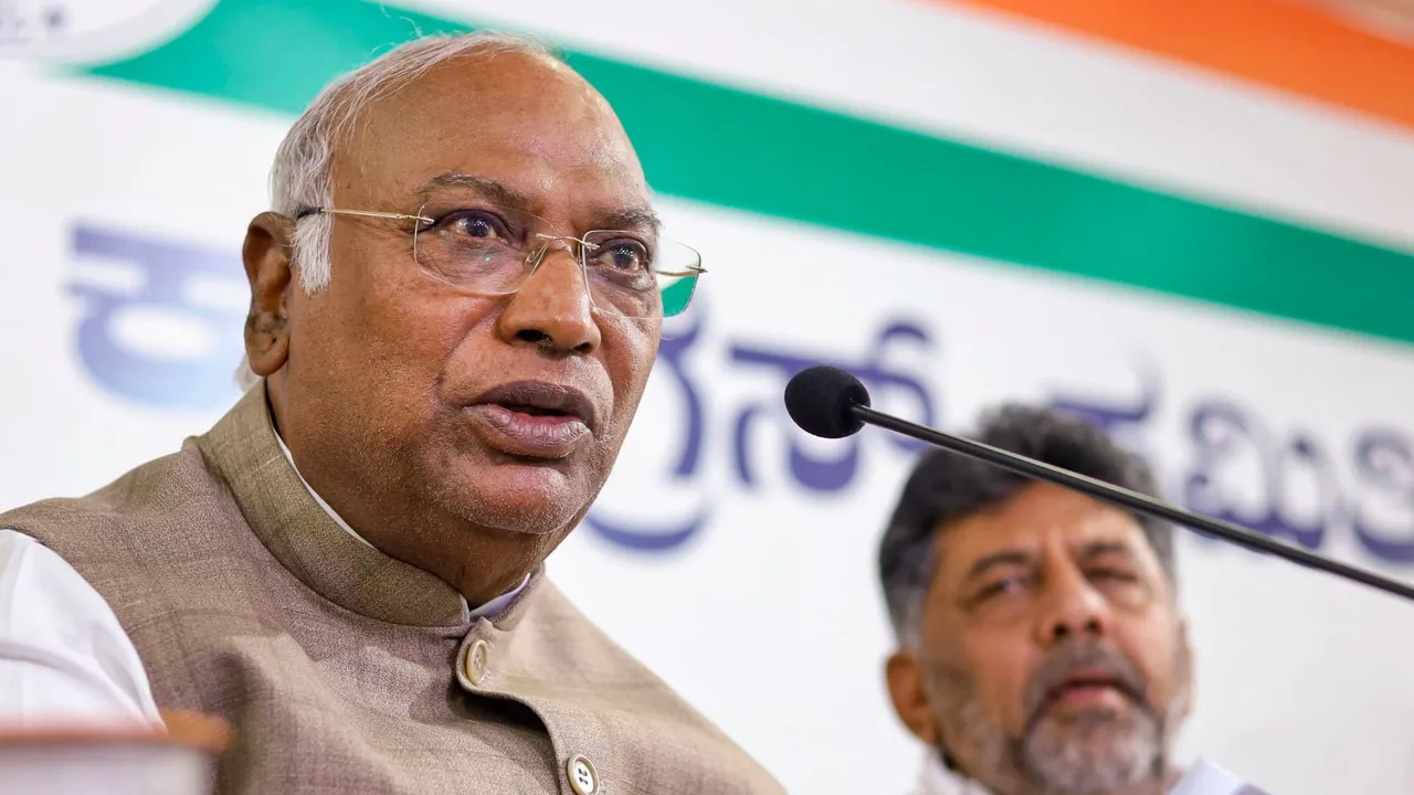 AICC President Mallikarjun Kharge addresses a press conference at party office, in Bengaluru