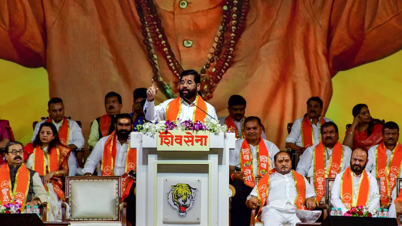 Eknath Shinde addresses a gathering during Dussehra rally at Azad Maidan, in Mumbai, Tuesday, Oct. 24, 2023.