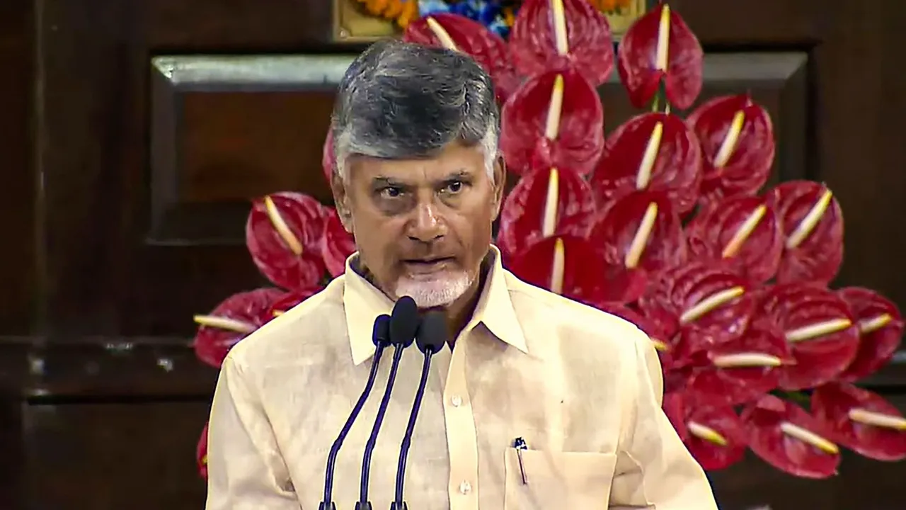 TDP chief N. Chandrababu Naidu speaks during the NDA parliamentary party meeting at Samvidhan Sadan, in New Delhi, Friday, June 7, 2024.