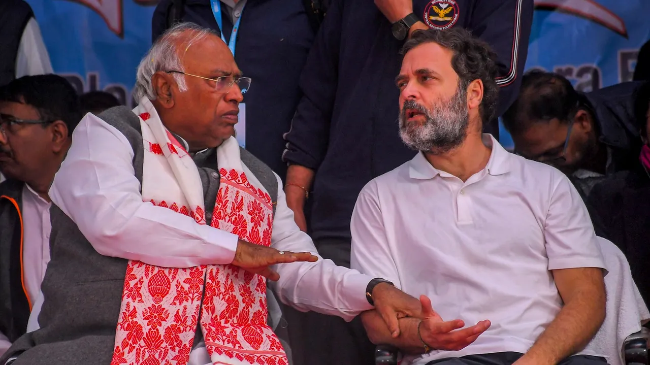 Congress President Mallikarjun Kharge with party leader Rahul Gandhi during a public meeting amid the 'Bharat Jodo Nyay Yatra', in Nagaon district