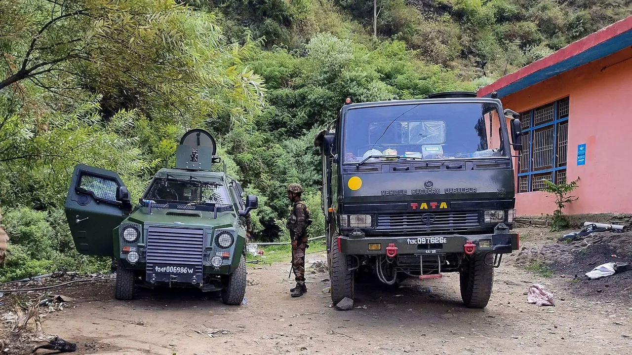 An Army vehicle near the site of an encounter between security forces and militants, in Doda district of Jammu and Kashmir, Wednesday, Aug. 14, 2024.